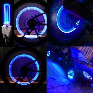 May include: A collage of images showcasing blue LED lights for bicycle and car wheels. The lights create a glowing effect around the wheels, enhancing visibility and adding a stylish touch. The lights are shown on a bicycle and a car.