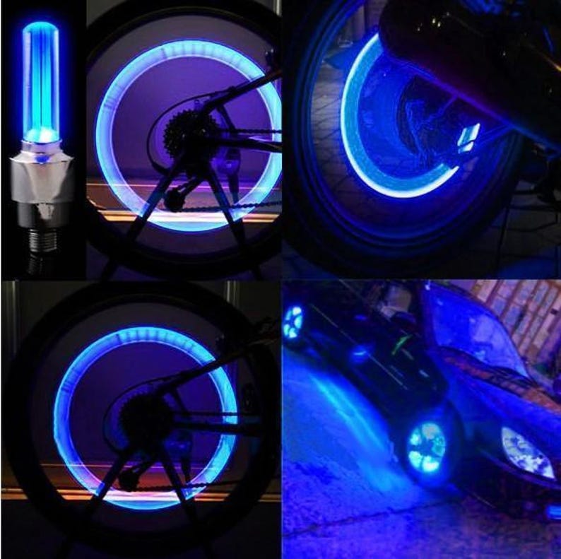 May include: A collage of images showcasing blue LED lights for bicycle and car wheels. The lights create a glowing effect around the wheels, enhancing visibility and adding a stylish touch. The lights are shown on a bicycle and a car.
