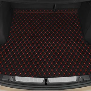 Manicci Luxury Diamond Leather Custom Made Fitted Car Boot Liner Base Trunk Mats Cargo Liners - Black with Red Stitching
