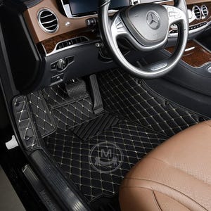 Black With Beige Luxury Diamond Custom Fitted Premium Leather Car Floor Mats Full Set V1.0