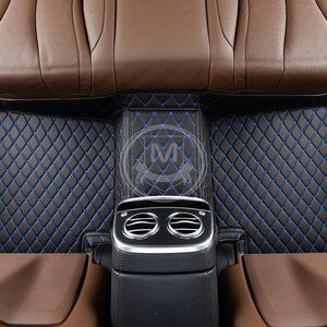 Black With Blue Luxury Diamond Custom Fitted Premium Leather Car Floor Mats Full Set V1.0