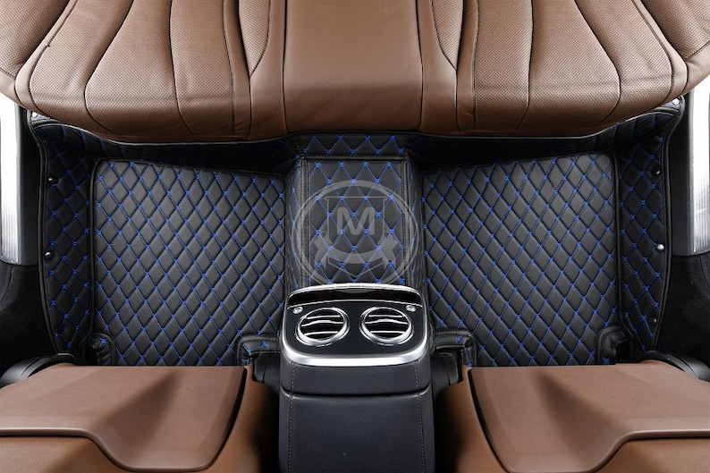 Black With Blue Luxury Diamond Custom Fitted Premium Leather Car Floor Mats Full Set V1.0