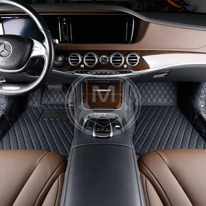 Black With Blue Luxury Diamond Custom Fitted Premium Leather Car Floor Mats Full Set V1.0