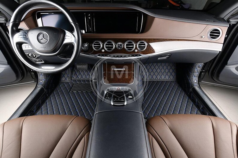 Black With Blue Luxury Diamond Custom Fitted Premium Leather Car Floor Mats Full Set V1.0
