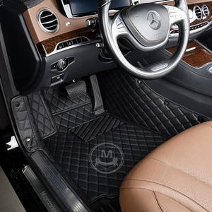Black & Black Stitching Custom Car Mats – Diamond Design, Luxury Leather Car Floor Mats Set, Custom Fit Car Accessories