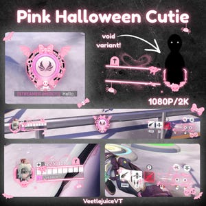 May include: A digital overlay set titled Pink Halloween Cutie featuring pink and black gaming interface elements, including a character portrait frame, health bars, ability icons, and a void variant silhouette with bats and skulls.