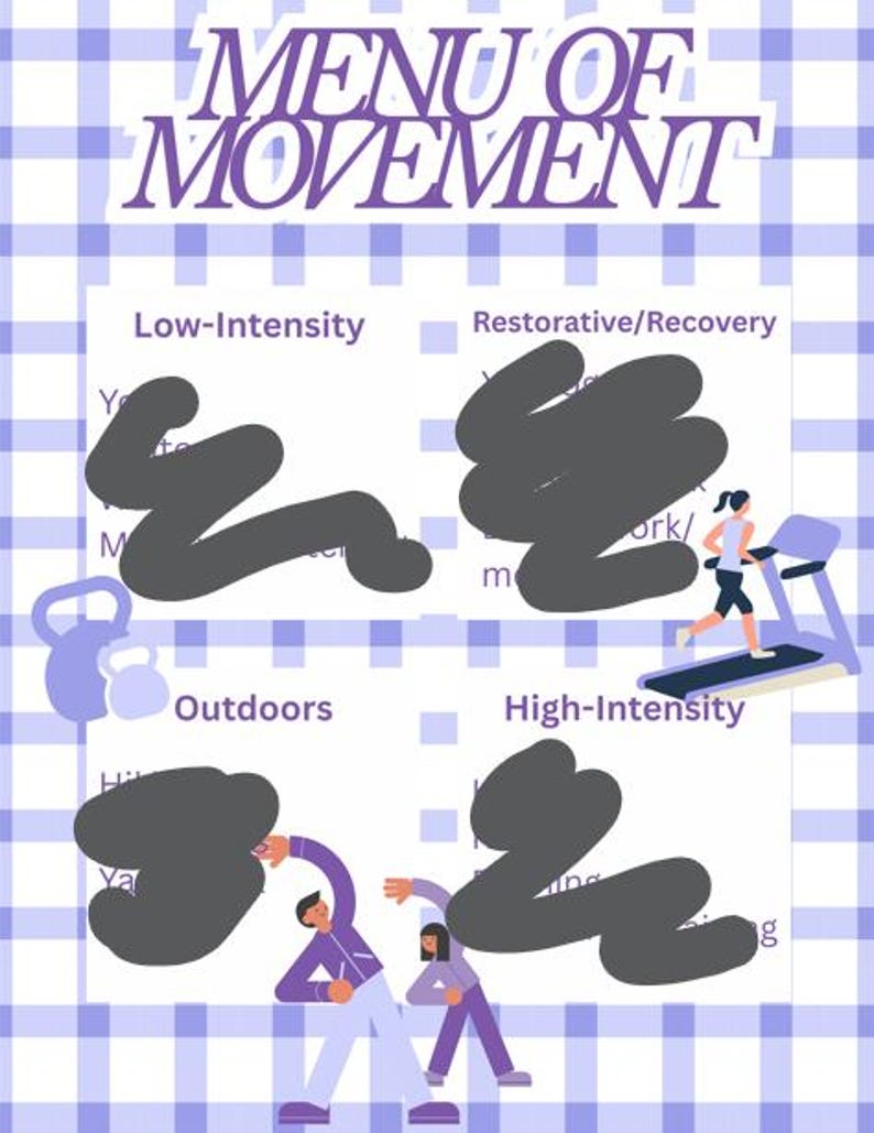 May include: A fitness-themed graphic with the text "MENU OF MOVEMENT" in purple. The image is divided into sections labeled "Low-Intensity", "Restorative/Recovery", "Outdoors", and "High-Intensity", with illustrations of exercise activities.