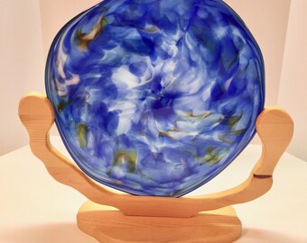Blown Glass Art Sculpture, Cobalt Blue, with Oak Stand