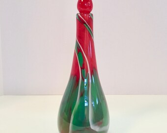 Blown Glass Decanter Vase, Red Turquoise White Art Glass