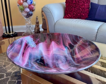 Fused Glass Centerpiece Bowl, Cranberry Pink Turquoise Raspberry, Hand Worked Decor