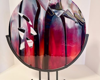 Hand-Crafted Glass Art Sculpture, Red Abstract Design, Iron Stand