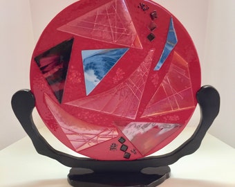 Hand-Crafted Glass Art Sculpture, Red Iridescent Glass, Wooden Stand