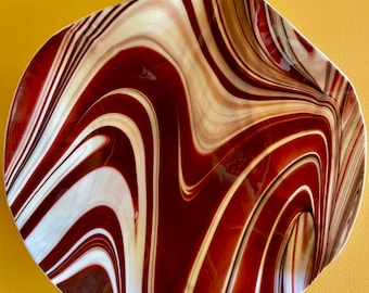 Hand-Crafted Glass Wall Hanging, Copper Red Opal White Swirls, 16 inch