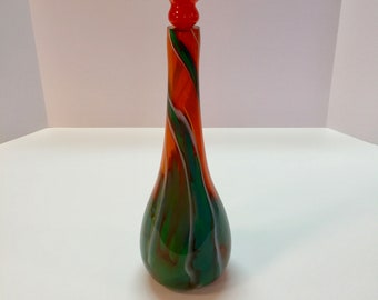 Blown Glass Decanter, Orange Turquoise Swirl Art Glass