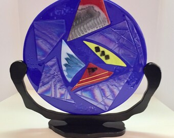 Hand-Crafted Cobalt Blue Iridescent Glass Sculpture with Wooden Stand