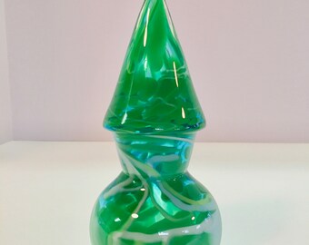 Emerald Green Blown Glass Vase with White Trailing