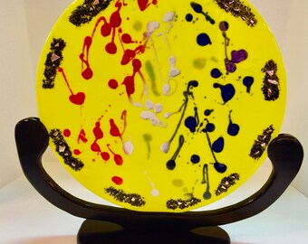 Hand-Crafted Glass Sculpture, Iridescent Accent, Wood Stand