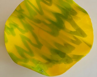 Hand-Crafted Glass Wall Hanging, Green Yellow Swirl, Decorative Platter