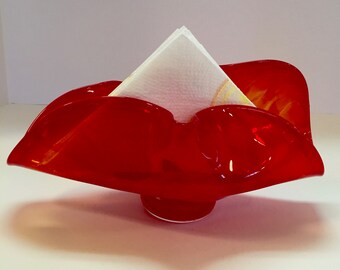 Handblown Ruby Red Glass Napkin Holder, Decorative Art Piece
