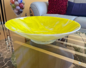 Fused Glass Bowl, Yellow Swirl, Decorative Centerpiece