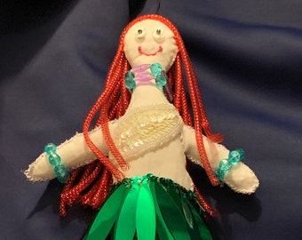 Large Goddess Mermaid (handmade altar doll) made of recycled materials including plastic beads, fabric, buttons, ribbon, embroidery thread