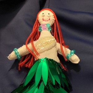 Large Goddess Mermaid handmade altar doll made of recycled materials including plastic beads, fabric, buttons, ribbon, embroidery thread image 1