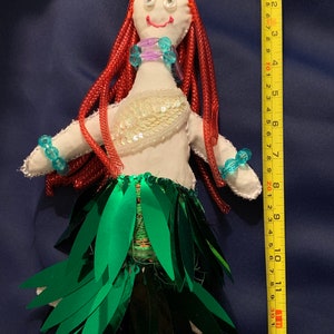 Large Goddess Mermaid handmade altar doll made of recycled materials including plastic beads, fabric, buttons, ribbon, embroidery thread image 2