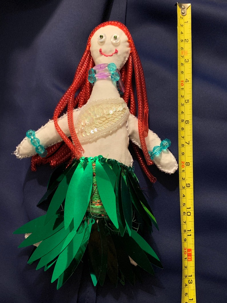 Large Goddess Mermaid handmade altar doll made of recycled materials including plastic beads, fabric, buttons, ribbon, embroidery thread image 2