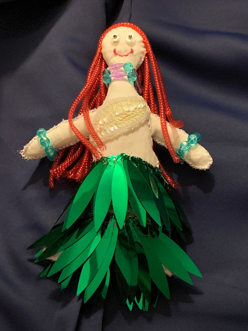 Large Goddess Mermaid handmade altar doll made of recycled materials including plastic beads, fabric, buttons, ribbon, embroidery thread image 1