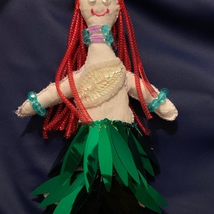 Large Goddess Mermaid handmade altar doll made of recycled materials including plastic beads, fabric, buttons, ribbon, embroidery thread image 3
