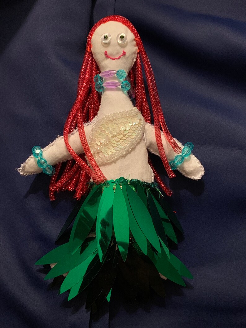 Large Goddess Mermaid handmade altar doll made of recycled materials including plastic beads, fabric, buttons, ribbon, embroidery thread image 3