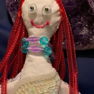 Large Goddess Mermaid handmade altar doll made of recycled materials including plastic beads, fabric, buttons, ribbon, embroidery thread image 4