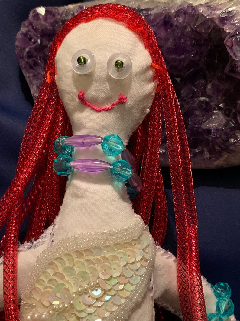 Large Goddess Mermaid handmade altar doll made of recycled materials including plastic beads, fabric, buttons, ribbon, embroidery thread image 4