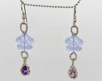 Blossom earrings (purple floral glass and amethyst), handmade with recycled argentium wire