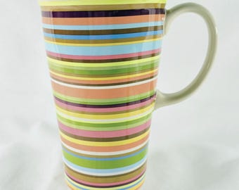 Longaberger Pottery Ceramic Vitrified Summer Time Stripe Kubek podróżny 16 Oz z pokrywką
