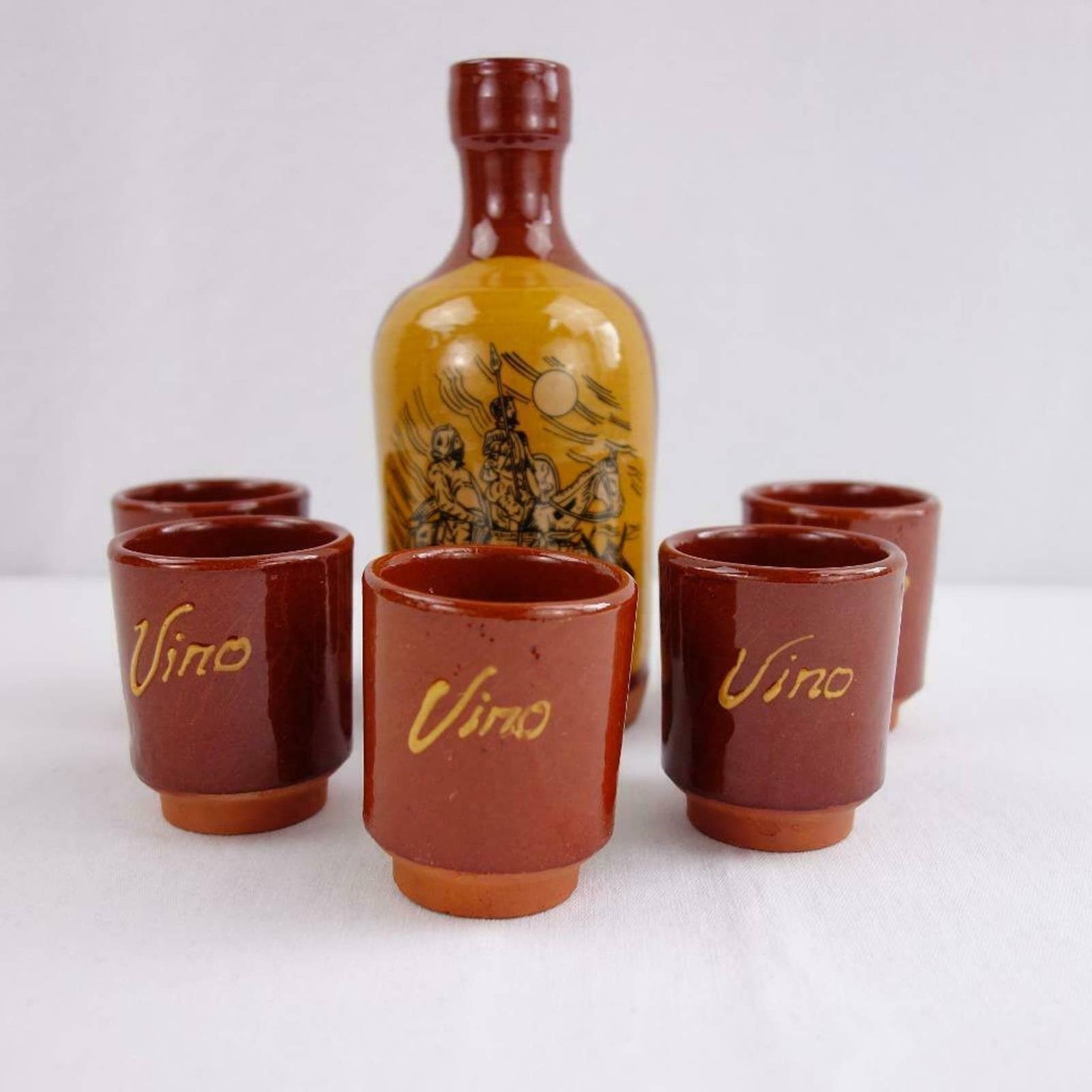 Vintage Terra Cotta Glazed Vino Bottle with 5 Cups Etsy