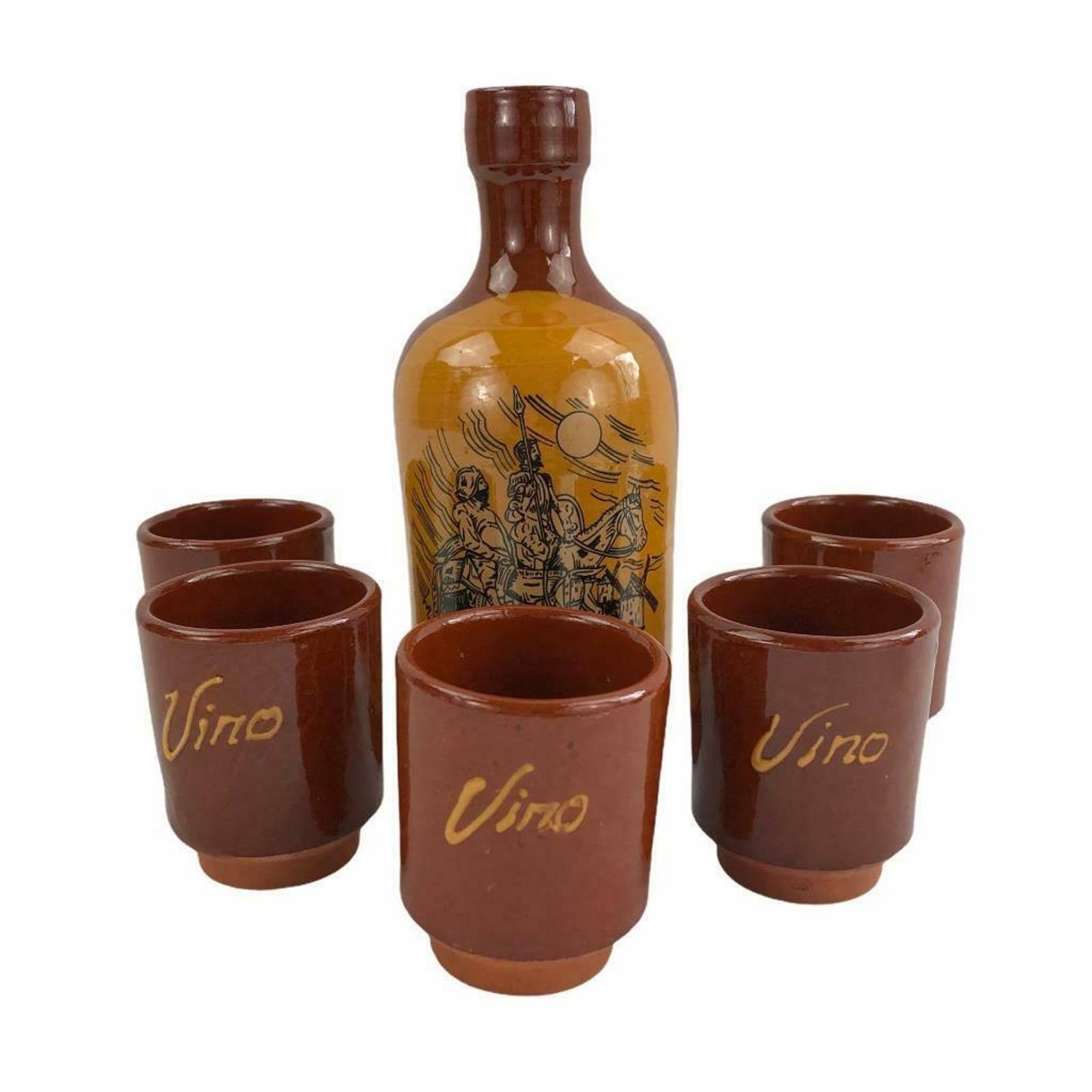 Vintage Terra Cotta Glazed Vino Bottle with 5 Cups Etsy