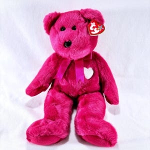 Orsetto di peluche Ty Beanie Buddies Valentina, 35 cm, rosa, con toppa a cuore e nastro, vintage 2001.