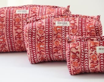 Set of 'TERRACOTTA STRIPES' blue floral print quilted hand block printed travel bag-makeup pouch set bag-women's gift organizer bags