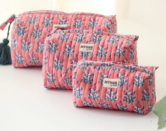 Set of 3-'WATERMELON SORBET' quilted hand block printed travel bag-makeup pouch storage set bag-women's gift organizer bags-makeup storage