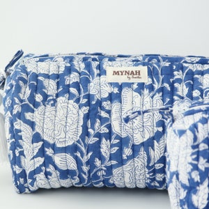 Large make up bag &#39;PORCELAIN&#39; blue/white floral print quilted hand block printed travel bag-makeup storage set-women&#39;s gift organizer bags
