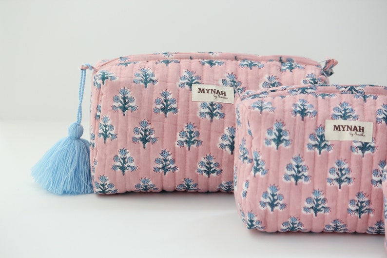 Set of 'DUSTY ROSE Blue motifs' pink/blue floral print quilted hand block printed travel bag-makeup pouch bag-women's gift organizer bags image 4