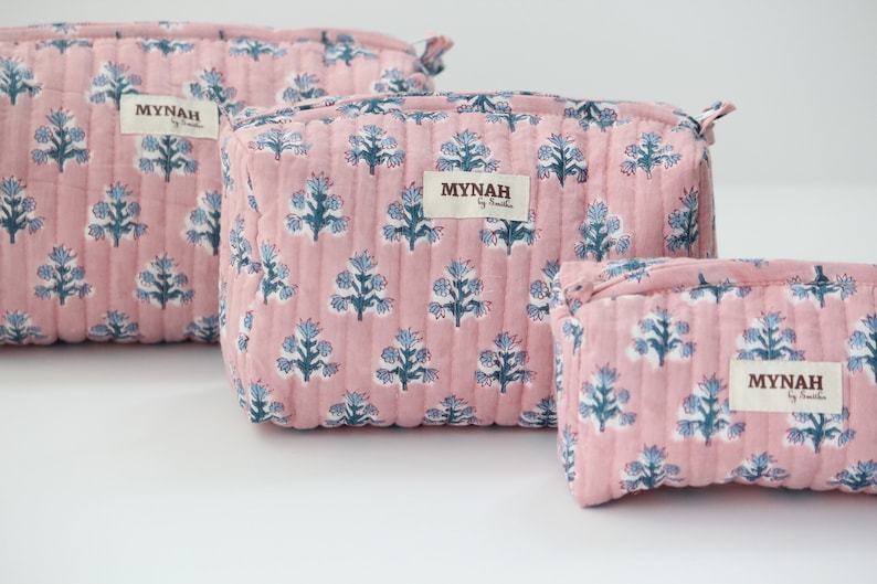 Set of 'DUSTY ROSE Blue motifs' pink/blue floral print quilted hand block printed travel bag-makeup pouch bag-women's gift organizer bags image 6