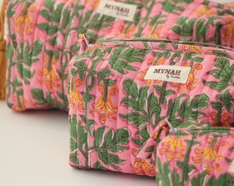 Set of 3 'BUBBLEGUM FOREST' pink floral print quilted holiday gifting travel bag-makeup pouch storage set bag-women's gift organizer bags