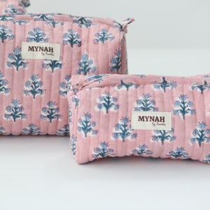 Set of 'DUSTY ROSE Blue motifs' pink/blue floral print quilted hand block printed travel bag-makeup pouch bag-women's gift organizer bags image 5