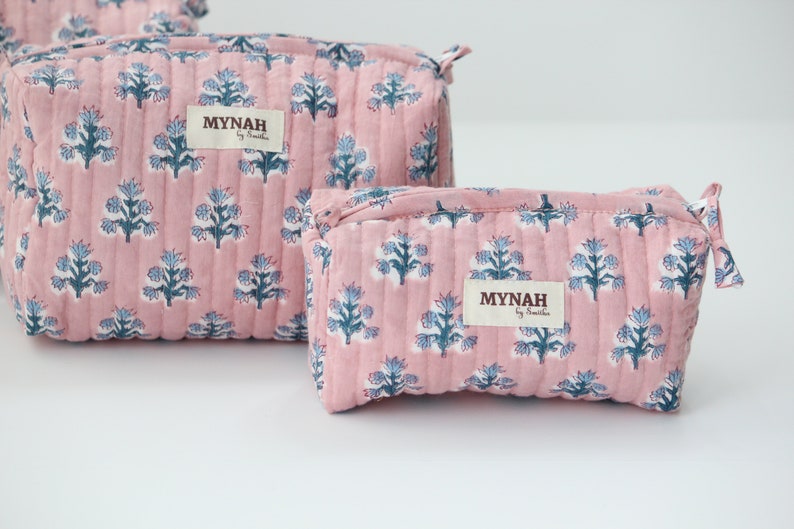 Set of 'DUSTY ROSE Blue motifs' pink/blue floral print quilted hand block printed travel bag-makeup pouch bag-women's gift organizer bags image 5
