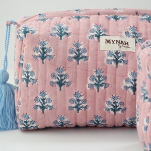 Set of 'DUSTY ROSE Blue motifs' pink/blue floral print quilted hand block printed travel bag-makeup pouch bag-women's gift organizer bags image 10