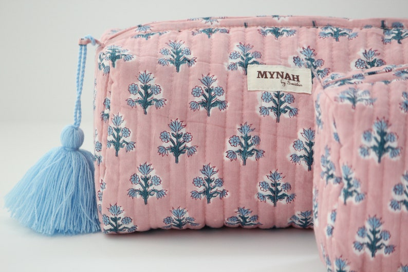 Set of 'DUSTY ROSE Blue motifs' pink/blue floral print quilted hand block printed travel bag-makeup pouch bag-women's gift organizer bags image 10