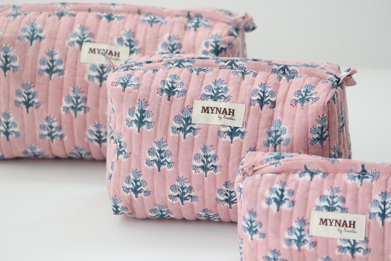 Set of 'DUSTY ROSE Blue motifs' pink/blue floral print quilted hand block printed travel bag-makeup pouch bag-women's gift organizer bags image 7