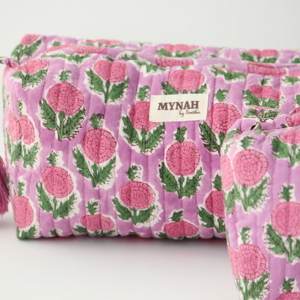 Large make up bag 'BERRY SMOOTHIE' rose/ pink floral print quilted hand block printed travel bag-makeup storage -women's gift organizer bags